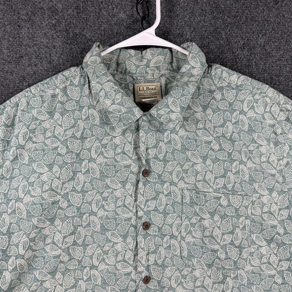 LL Bean Shirt Men’s XL Green Shell Print Traditional Fit Shirt Sleeve Button Up